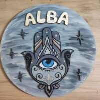 moixinas-MANO-DE-FÁTIMA-GRIS Placa infantil personalizada en madera - MANO DE FÁTIMA GRIS