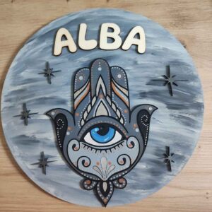 moixinas-MANO-DE-FÁTIMA-GRIS Placa infantil personalizada en madera - MANO DE FÁTIMA GRIS