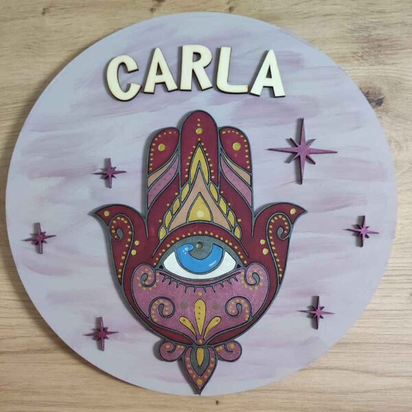 moixinas-MANO-DE-FÁTIMA-ROSA Placa infantil personalizada en madera - MANO DE FÁTIMA ROSA