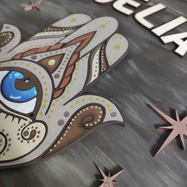 moixinas-MANO-FÁTIMA-MARRÓN Placa infantil personalizada en madera - MANO DE FÁTIMA MARRÓN