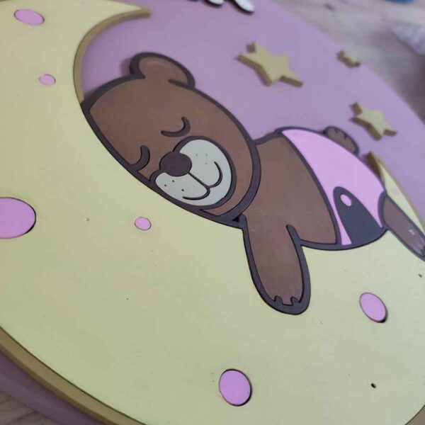 moixinas-OSITO-LUNA Placa infantil personalizada en madera - OSITO LUNA ROSA